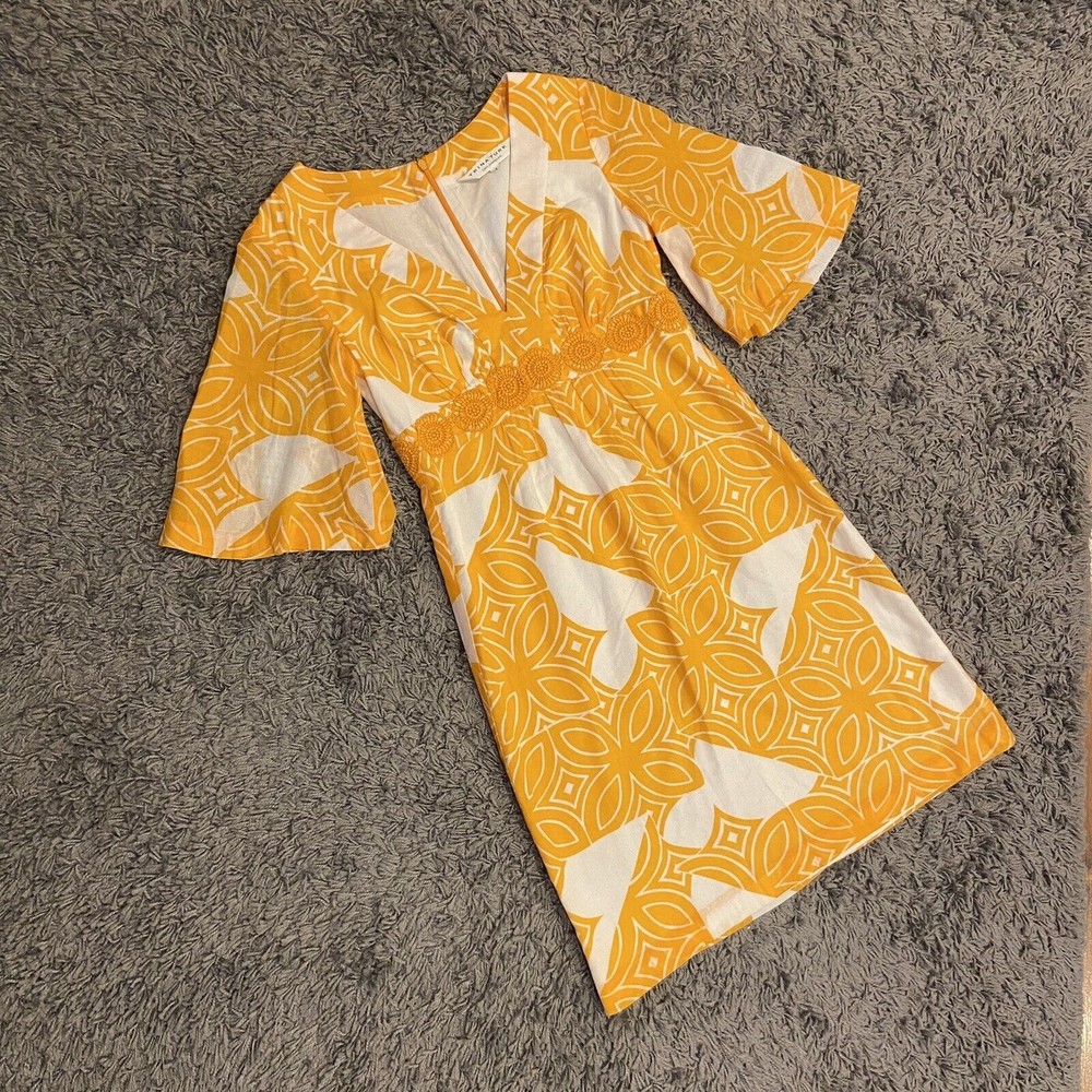 Trina Turk Orange & White Short Bell Sleeve Embroidered Waist Dress Size 4